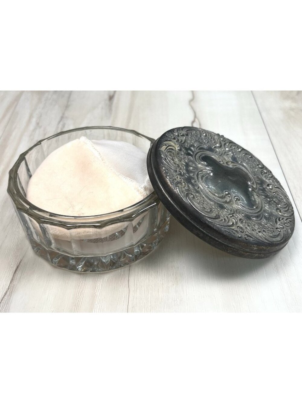 VTG GODINGER 3.75" Round Glass Vanity POWDER PUFF JAR w/ Silverplated Lid Mirror